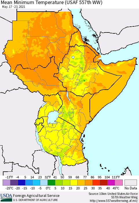 Eastern Africa Minimum Temperature (USAF 557th WW) Thematic Map For 5/17/2021 - 5/23/2021
