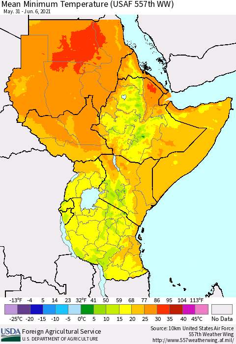 Eastern Africa Mean Minimum Temperature (USAF 557th WW) Thematic Map For 5/31/2021 - 6/6/2021