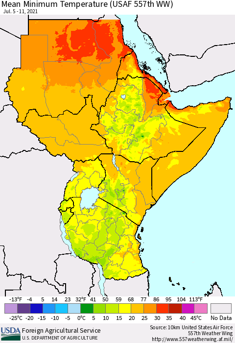 Eastern Africa Minimum Temperature (USAF 557th WW) Thematic Map For 7/5/2021 - 7/11/2021
