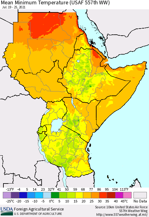 Eastern Africa Mean Minimum Temperature (USAF 557th WW) Thematic Map For 7/19/2021 - 7/25/2021