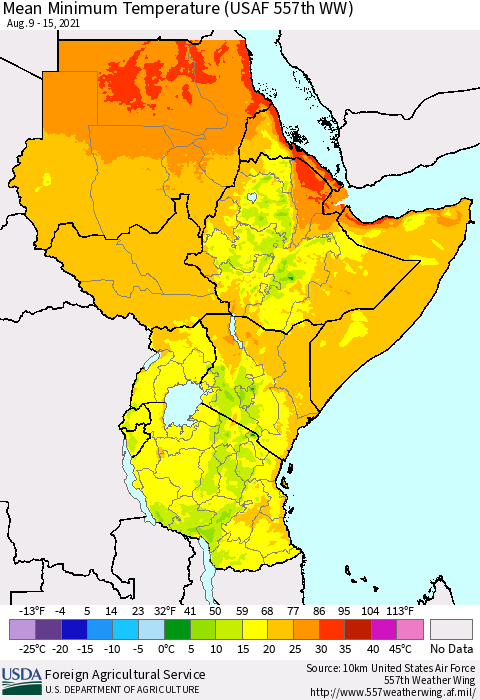 Eastern Africa Mean Minimum Temperature (USAF 557th WW) Thematic Map For 8/9/2021 - 8/15/2021