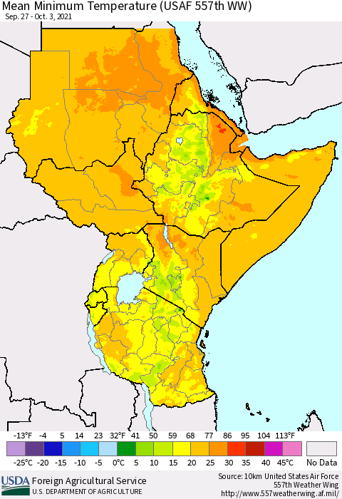 Eastern Africa Mean Minimum Temperature (USAF 557th WW) Thematic Map For 9/27/2021 - 10/3/2021