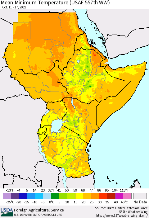 Eastern Africa Minimum Temperature (USAF 557th WW) Thematic Map For 10/11/2021 - 10/17/2021