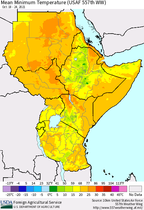 Eastern Africa Minimum Temperature (USAF 557th WW) Thematic Map For 10/18/2021 - 10/24/2021