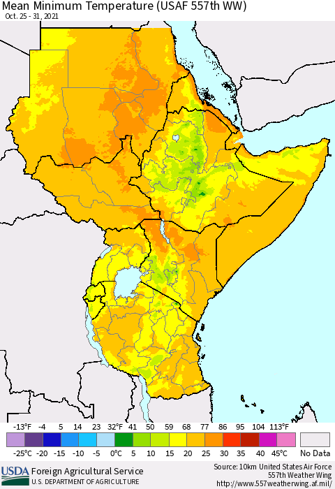 Eastern Africa Minimum Temperature (USAF 557th WW) Thematic Map For 10/25/2021 - 10/31/2021
