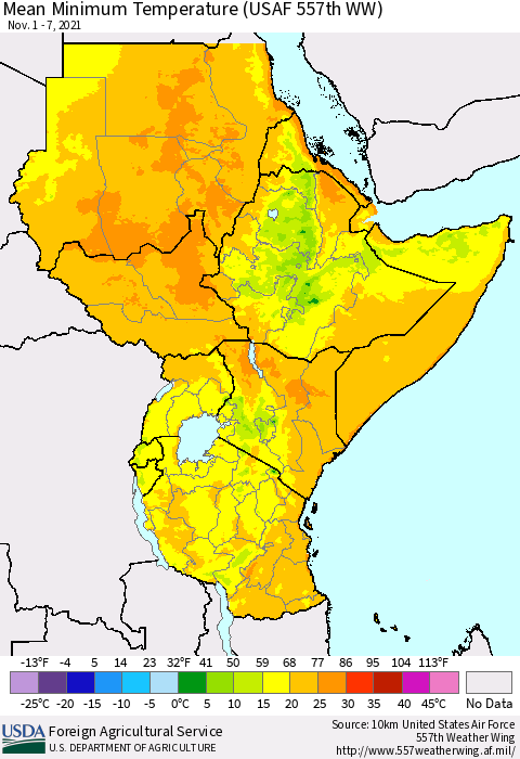 Eastern Africa Minimum Temperature (USAF 557th WW) Thematic Map For 11/1/2021 - 11/7/2021