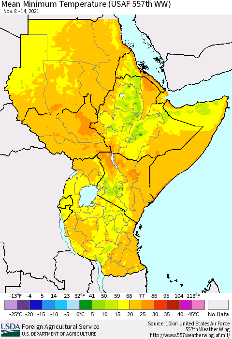 Eastern Africa Minimum Temperature (USAF 557th WW) Thematic Map For 11/8/2021 - 11/14/2021