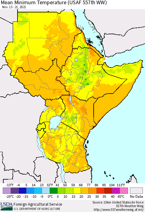 Eastern Africa Minimum Temperature (USAF 557th WW) Thematic Map For 11/15/2021 - 11/21/2021