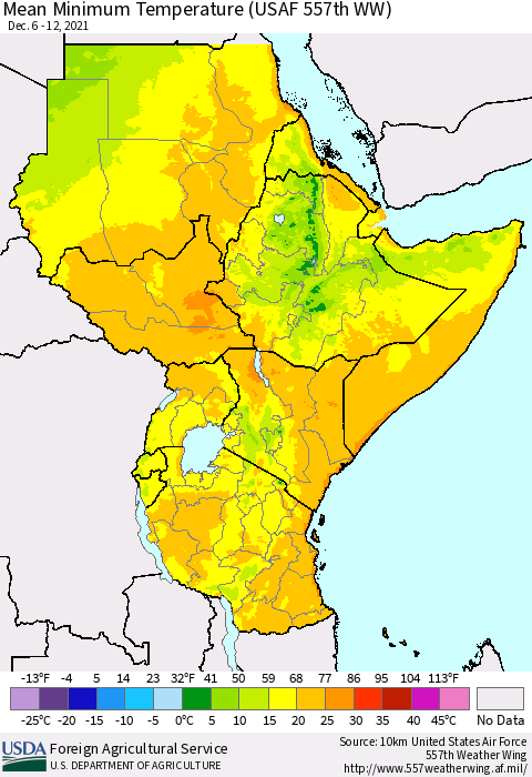 Eastern Africa Minimum Temperature (USAF 557th WW) Thematic Map For 12/6/2021 - 12/12/2021