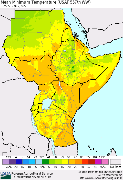 Eastern Africa Mean Minimum Temperature (USAF 557th WW) Thematic Map For 12/27/2021 - 1/2/2022