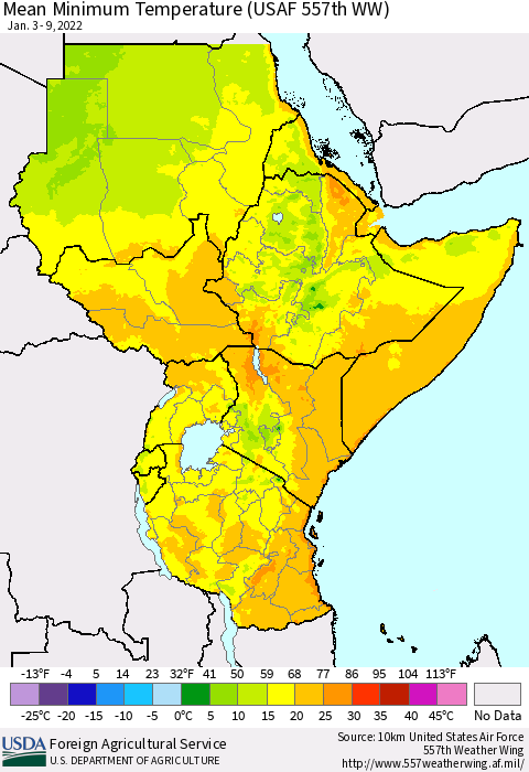 Eastern Africa Minimum Temperature (USAF 557th WW) Thematic Map For 1/3/2022 - 1/9/2022