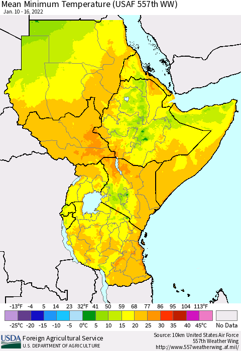 Eastern Africa Minimum Temperature (USAF 557th WW) Thematic Map For 1/10/2022 - 1/16/2022