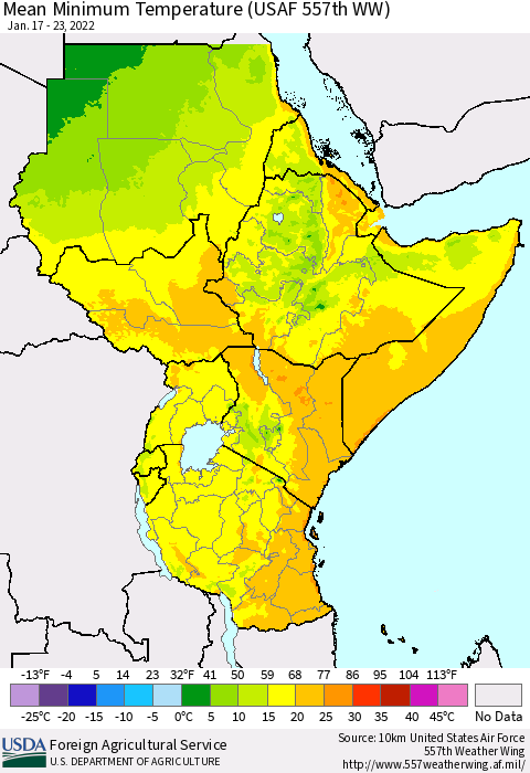 Eastern Africa Mean Minimum Temperature (USAF 557th WW) Thematic Map For 1/17/2022 - 1/23/2022