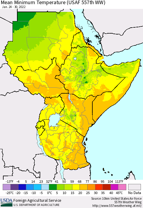 Eastern Africa Minimum Temperature (USAF 557th WW) Thematic Map For 1/24/2022 - 1/30/2022