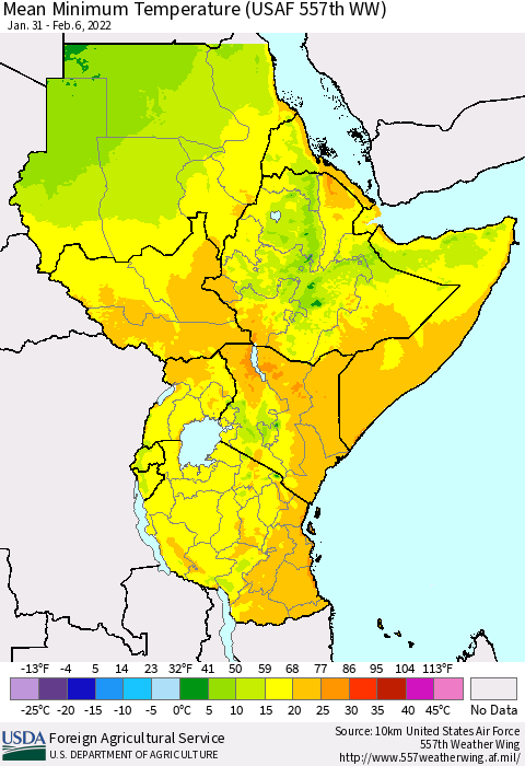 Eastern Africa Minimum Temperature (USAF 557th WW) Thematic Map For 1/31/2022 - 2/6/2022
