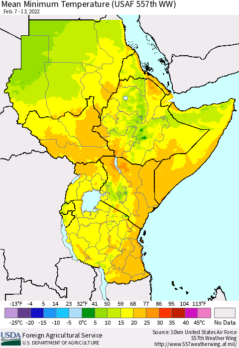 Eastern Africa Minimum Temperature (USAF 557th WW) Thematic Map For 2/7/2022 - 2/13/2022