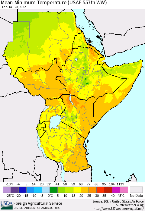 Eastern Africa Mean Minimum Temperature (USAF 557th WW) Thematic Map For 2/14/2022 - 2/20/2022