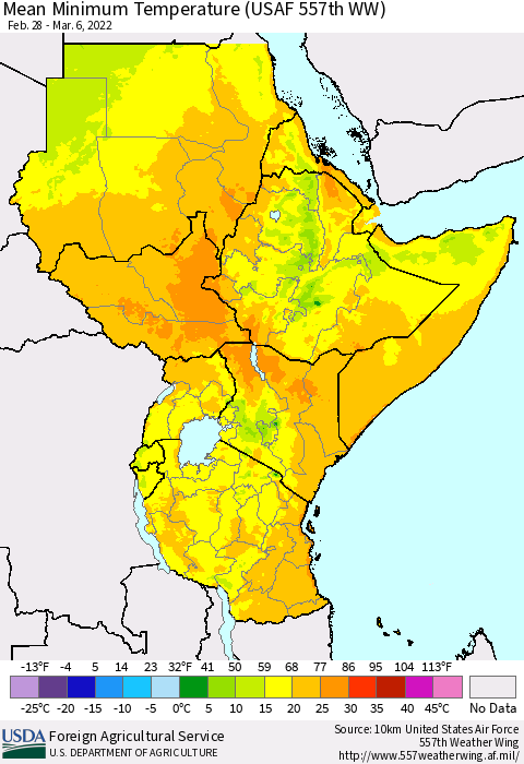 Eastern Africa Minimum Temperature (USAF 557th WW) Thematic Map For 2/28/2022 - 3/6/2022