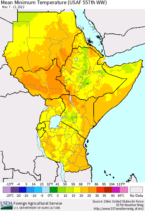 Eastern Africa Mean Minimum Temperature (USAF 557th WW) Thematic Map For 3/7/2022 - 3/13/2022