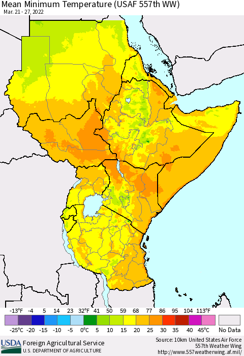 Eastern Africa Minimum Temperature (USAF 557th WW) Thematic Map For 3/21/2022 - 3/27/2022