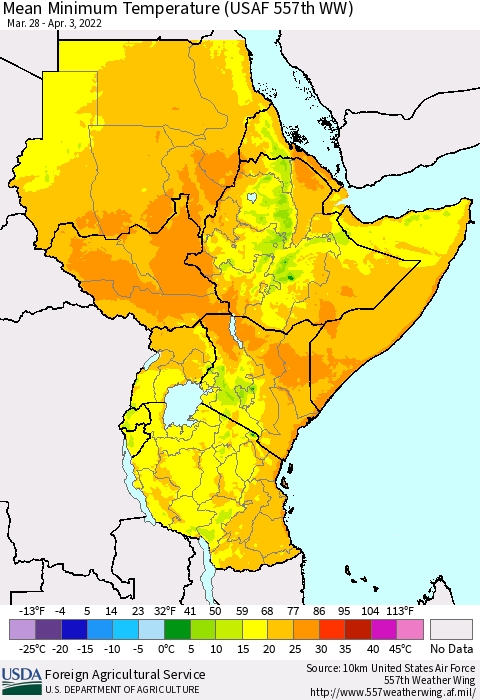 Eastern Africa Mean Minimum Temperature (USAF 557th WW) Thematic Map For 3/28/2022 - 4/3/2022
