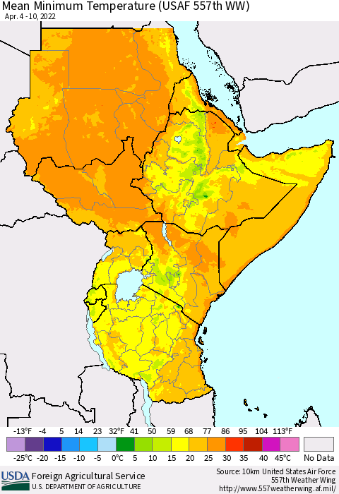 Eastern Africa Minimum Temperature (USAF 557th WW) Thematic Map For 4/4/2022 - 4/10/2022