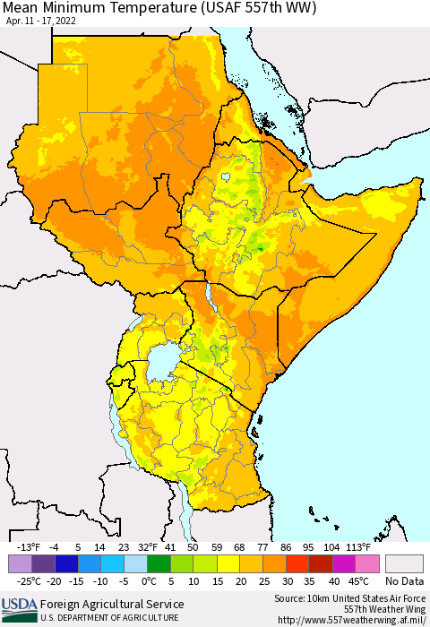Eastern Africa Minimum Temperature (USAF 557th WW) Thematic Map For 4/11/2022 - 4/17/2022