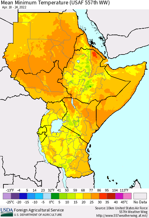 Eastern Africa Minimum Temperature (USAF 557th WW) Thematic Map For 4/18/2022 - 4/24/2022