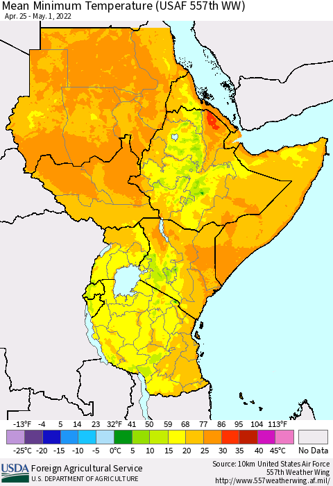 Eastern Africa Mean Minimum Temperature (USAF 557th WW) Thematic Map For 4/25/2022 - 5/1/2022