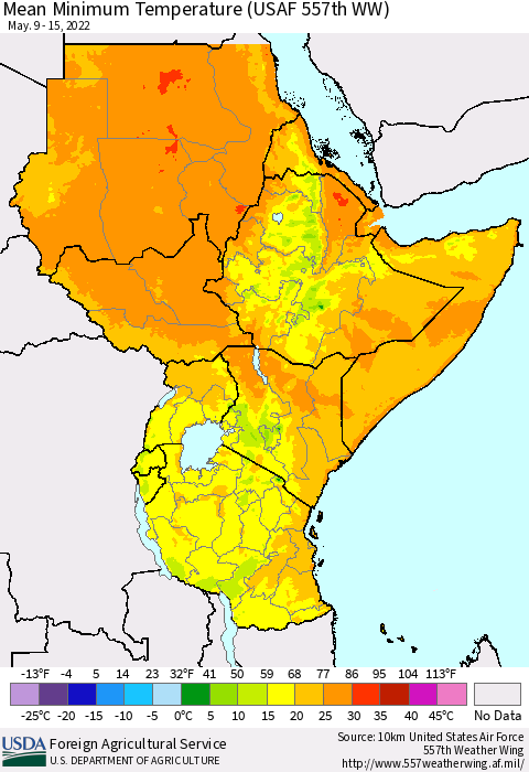Eastern Africa Mean Minimum Temperature (USAF 557th WW) Thematic Map For 5/9/2022 - 5/15/2022