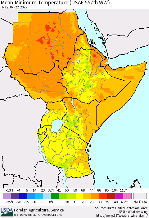 Eastern Africa Minimum Temperature (USAF 557th WW) Thematic Map For 5/16/2022 - 5/22/2022
