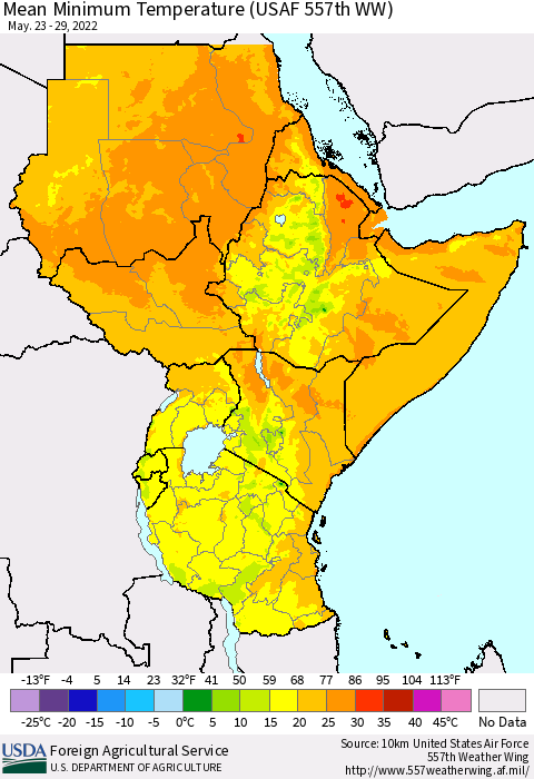 Eastern Africa Minimum Temperature (USAF 557th WW) Thematic Map For 5/23/2022 - 5/29/2022