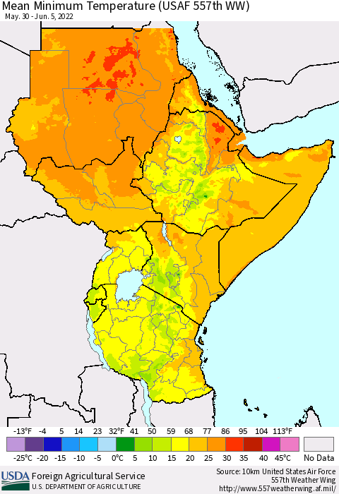 Eastern Africa Minimum Temperature (USAF 557th WW) Thematic Map For 5/30/2022 - 6/5/2022