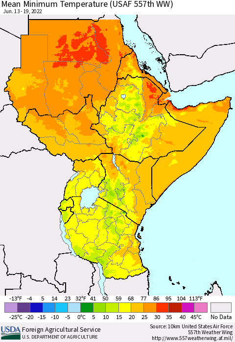 Eastern Africa Minimum Temperature (USAF 557th WW) Thematic Map For 6/13/2022 - 6/19/2022