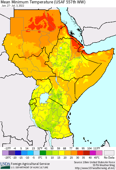 Eastern Africa Minimum Temperature (USAF 557th WW) Thematic Map For 6/27/2022 - 7/3/2022