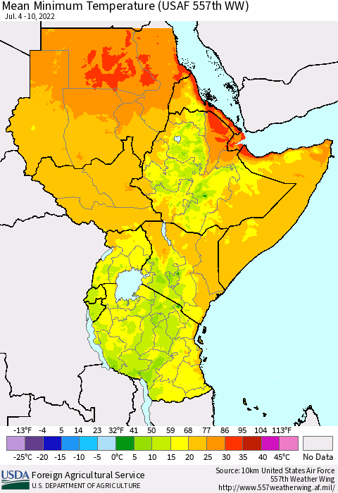 Eastern Africa Minimum Temperature (USAF 557th WW) Thematic Map For 7/4/2022 - 7/10/2022