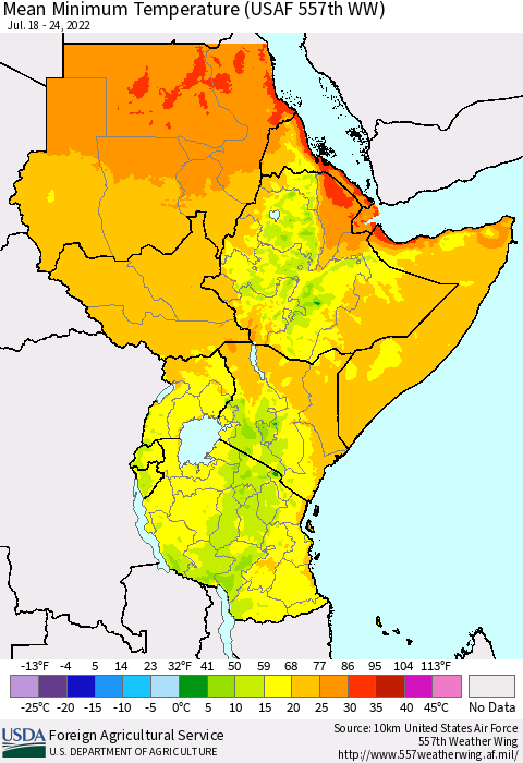 Eastern Africa Minimum Temperature (USAF 557th WW) Thematic Map For 7/18/2022 - 7/24/2022