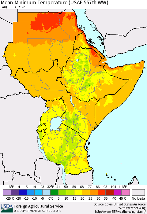 Eastern Africa Mean Minimum Temperature (USAF 557th WW) Thematic Map For 8/8/2022 - 8/14/2022
