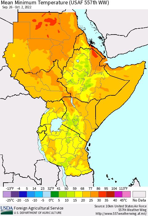 Eastern Africa Mean Minimum Temperature (USAF 557th WW) Thematic Map For 9/26/2022 - 10/2/2022