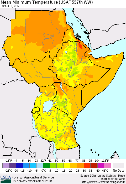 Eastern Africa Mean Minimum Temperature (USAF 557th WW) Thematic Map For 10/3/2022 - 10/9/2022