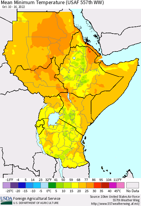 Eastern Africa Mean Minimum Temperature (USAF 557th WW) Thematic Map For 10/10/2022 - 10/16/2022