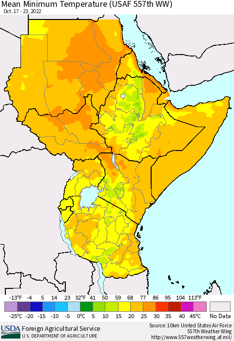 Eastern Africa Mean Minimum Temperature (USAF 557th WW) Thematic Map For 10/17/2022 - 10/23/2022