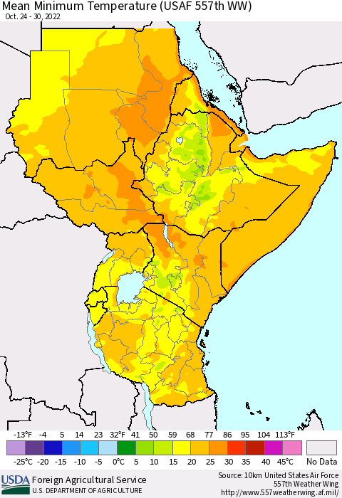 Eastern Africa Mean Minimum Temperature (USAF 557th WW) Thematic Map For 10/24/2022 - 10/30/2022