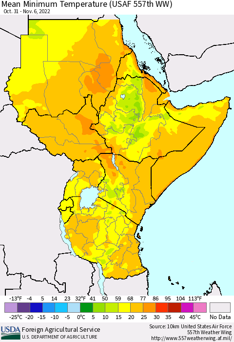 Eastern Africa Mean Minimum Temperature (USAF 557th WW) Thematic Map For 10/31/2022 - 11/6/2022