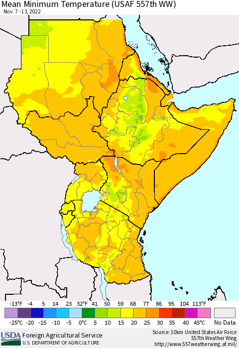 Eastern Africa Mean Minimum Temperature (USAF 557th WW) Thematic Map For 11/7/2022 - 11/13/2022