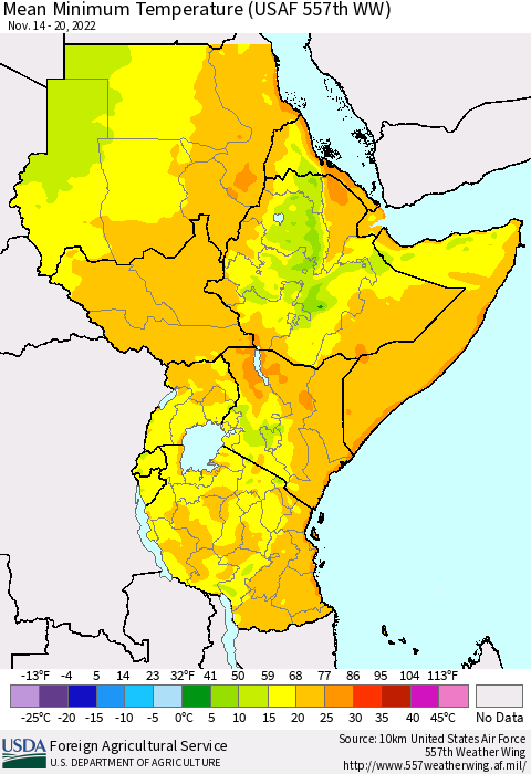 Eastern Africa Mean Minimum Temperature (USAF 557th WW) Thematic Map For 11/14/2022 - 11/20/2022
