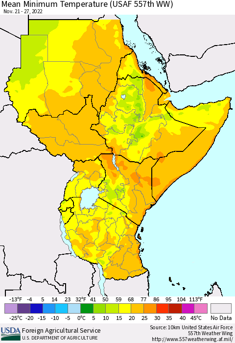 Eastern Africa Mean Minimum Temperature (USAF 557th WW) Thematic Map For 11/21/2022 - 11/27/2022