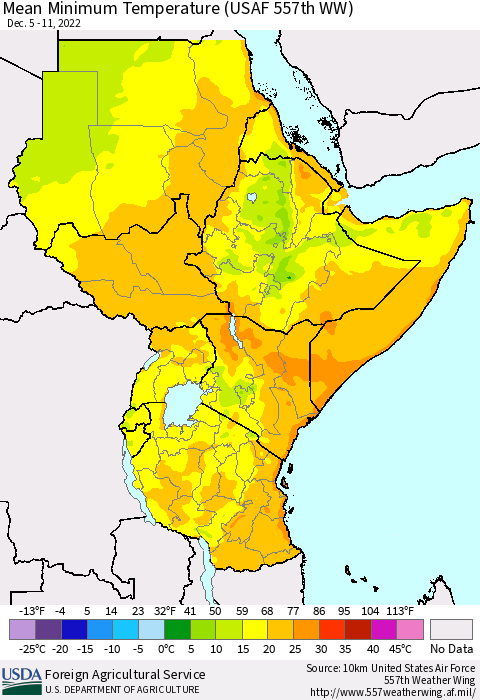Eastern Africa Mean Minimum Temperature (USAF 557th WW) Thematic Map For 12/5/2022 - 12/11/2022
