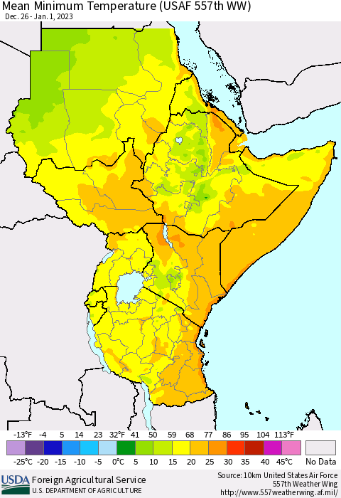 Eastern Africa Mean Minimum Temperature (USAF 557th WW) Thematic Map For 12/26/2022 - 1/1/2023