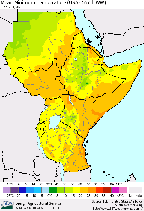 Eastern Africa Mean Minimum Temperature (USAF 557th WW) Thematic Map For 1/2/2023 - 1/8/2023